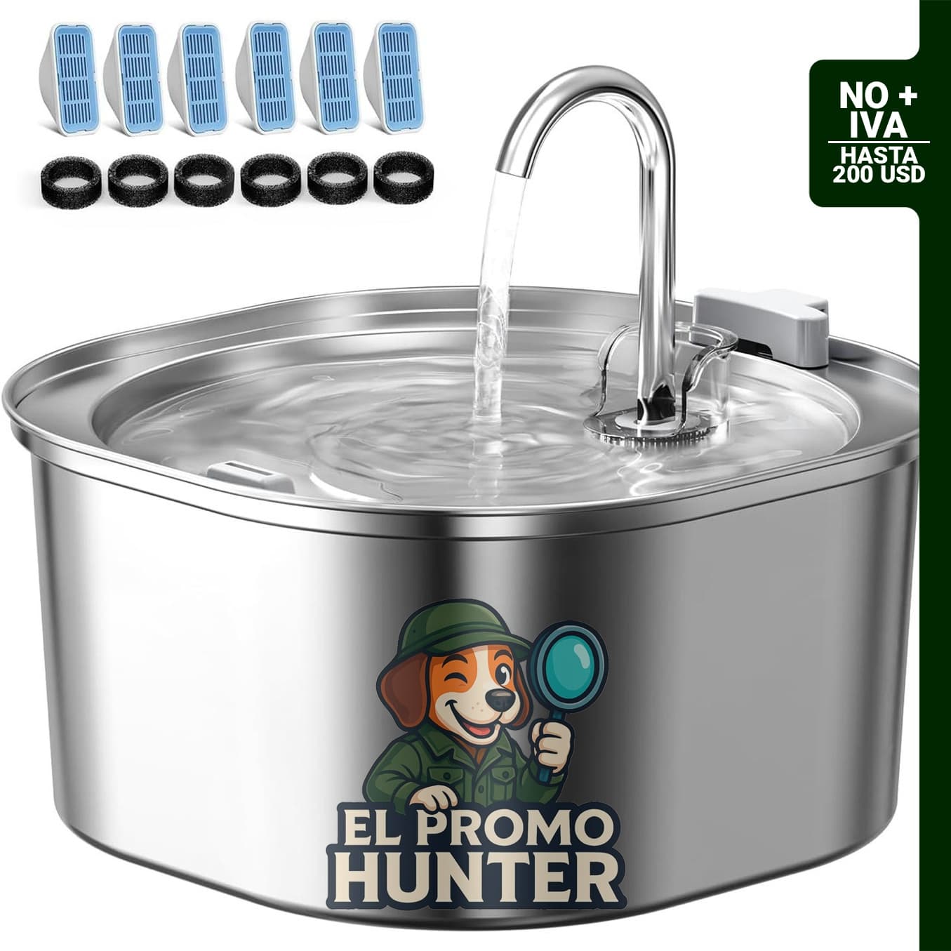Fuente de agua para gatos de acero inoxidable de 3.2 L, dispensador de bebidas para mascotas con triple filtración.