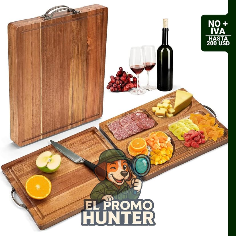 Tabla de cortar de madera de acacia 2 en 1, con compartimentos y diseño plegable.