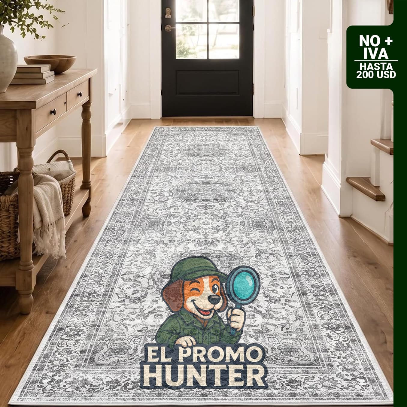 Alfombra antideslizante lavable a máquina de 61 x 244 cm, con respaldo de goma, diseño de medallón gris.