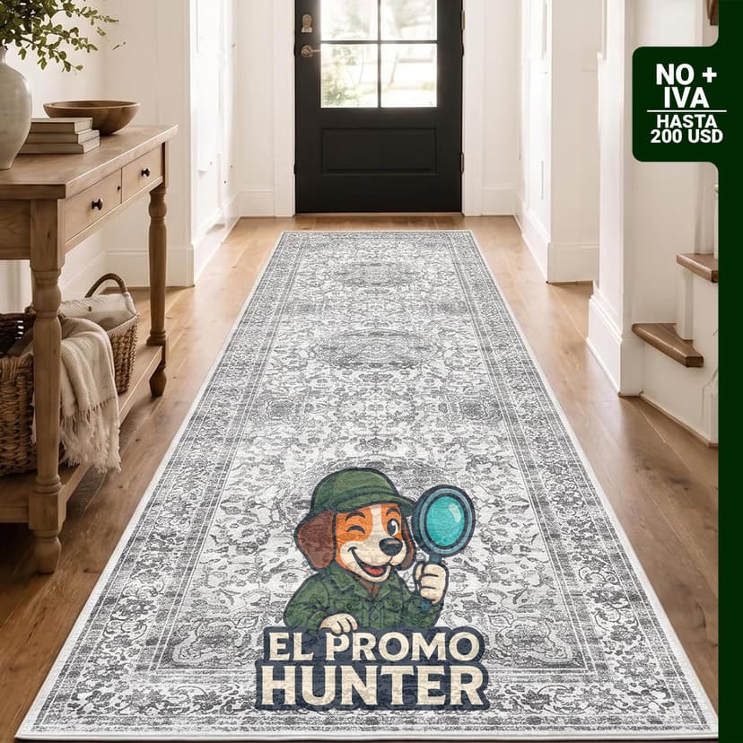 Alfombra antideslizante lavable a máquina de 61 x 244 cm, con respaldo de goma, diseño de medallón gris.