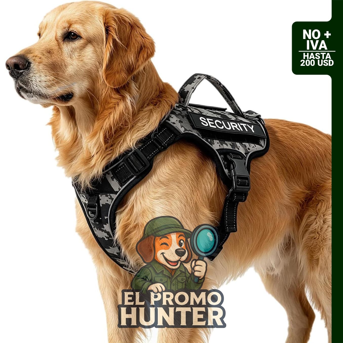 Arnés táctico ajustable para perros medianos, con asa y sistema Molle, reflectante y resistente.
