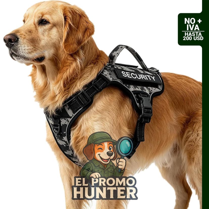 Arnés táctico ajustable para perros medianos, con asa y sistema Molle, reflectante y resistente.