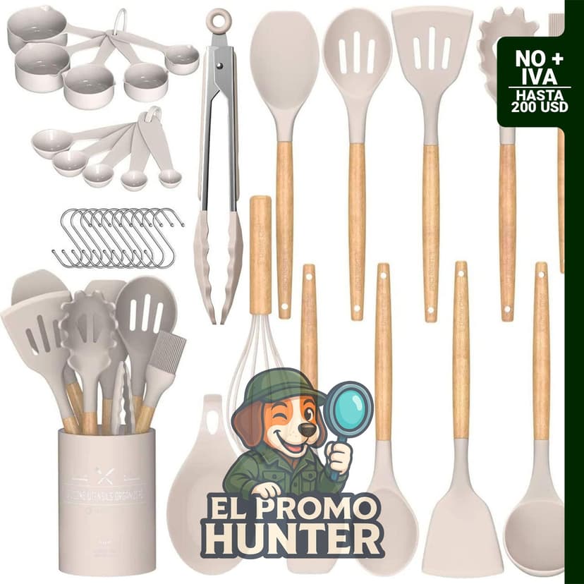 Juego de utensilios de cocina Umite, 24 piezas de silicona antiadherente con mango de madera.