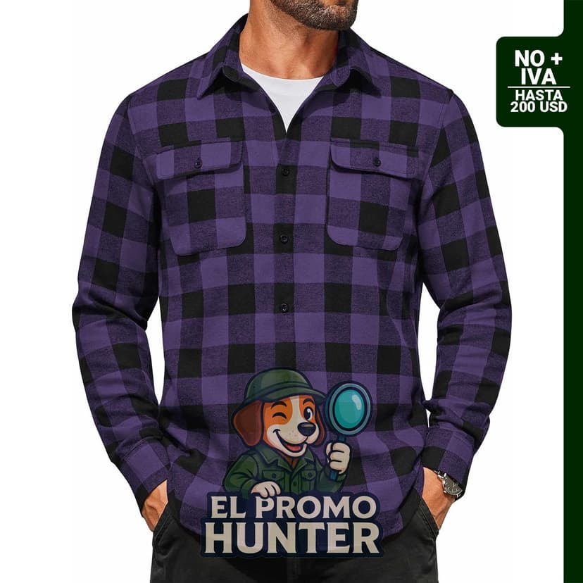 Camisa de franela para hombre, manga larga, a cuadros, 100% algodón, con botones y bolsillos.