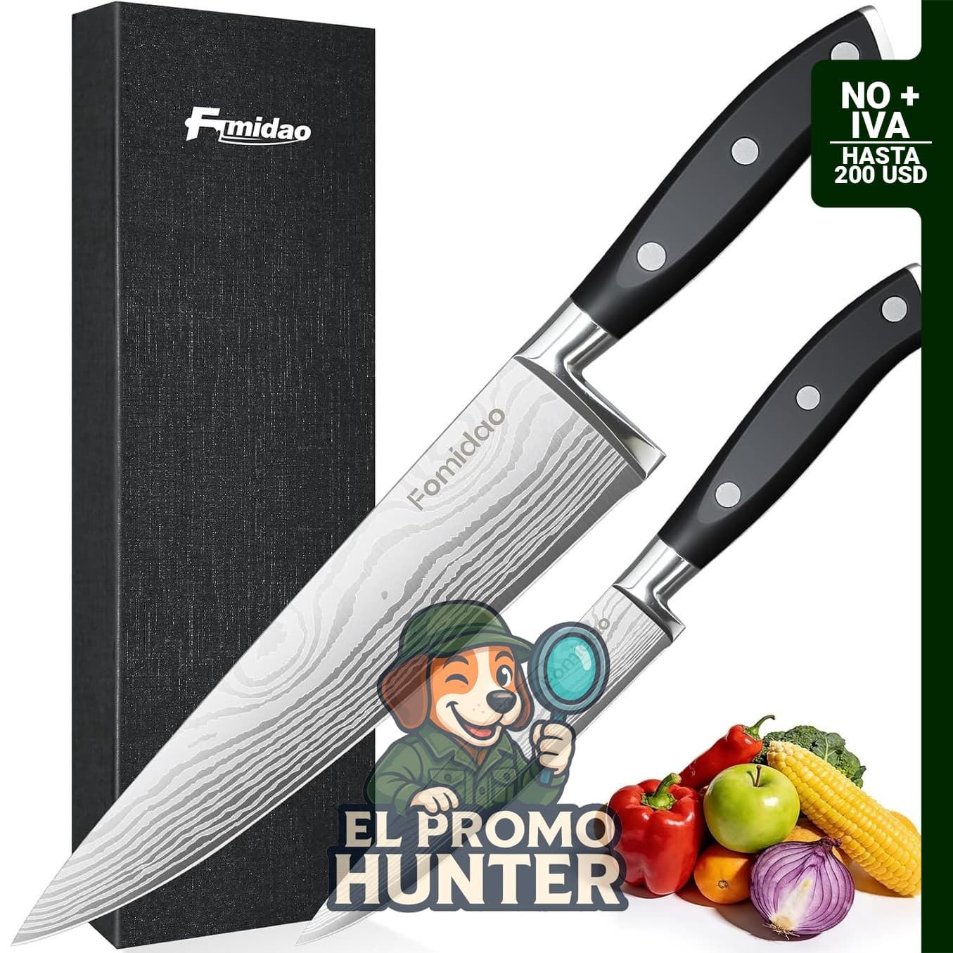 Juego de cuchillos de chef de 2 piezas de acero de alto carbono con patrón de damasco.