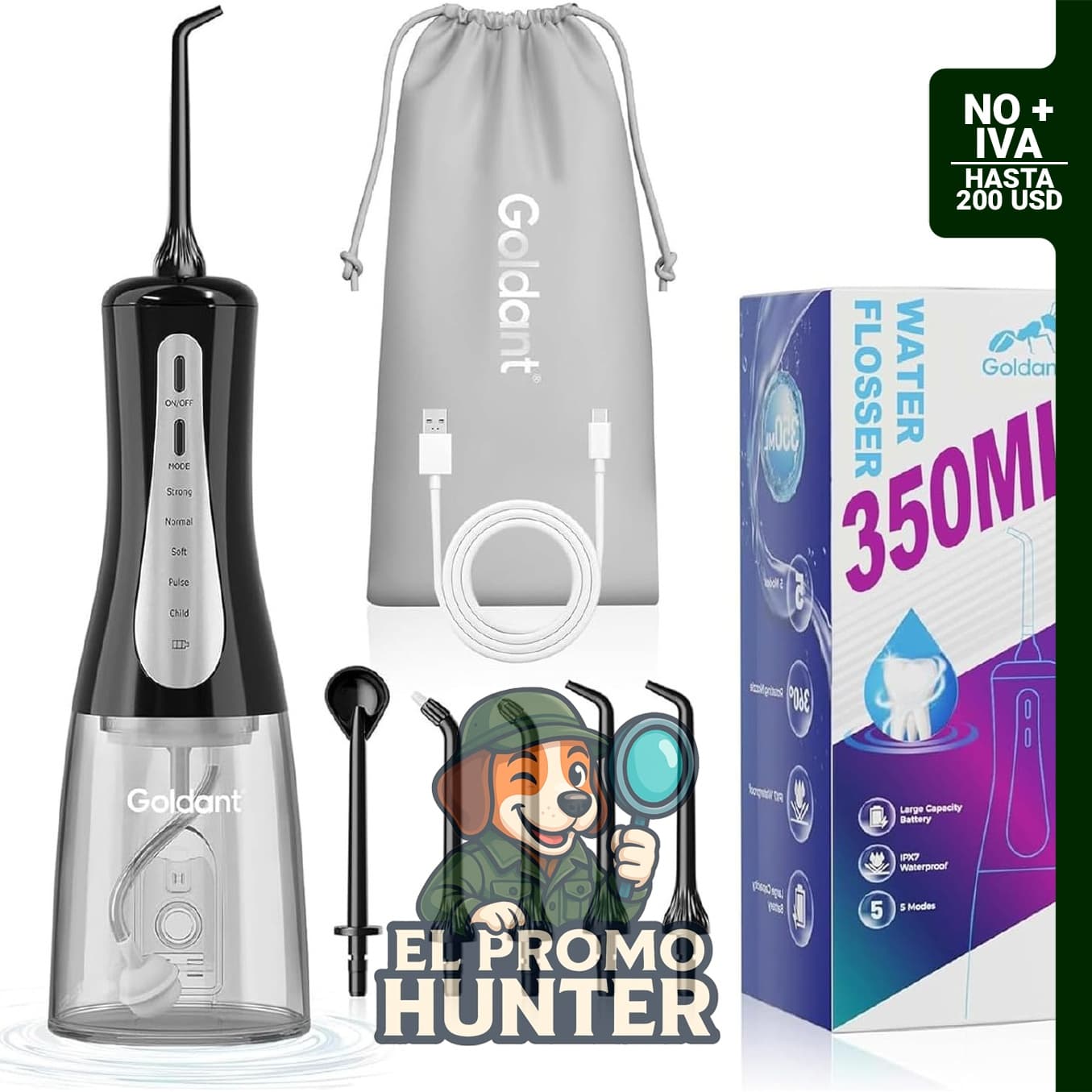 Irrigador de agua inalámbrico de 11.8 fl oz (350 ml) con 5 modos y 5 puntas, recargable.