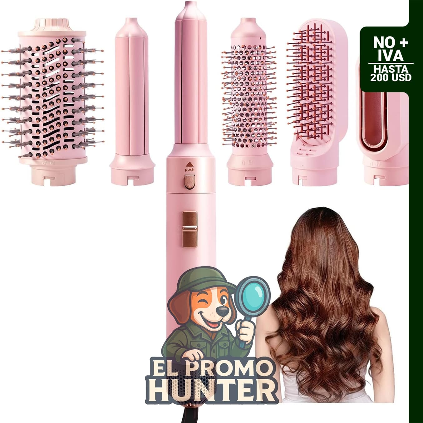 Estilizador de cabello múltiple 6 en 1 con rizadores automáticos y cepillo profesional para secado.