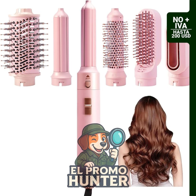 Estilizador de cabello múltiple 6 en 1 con rizadores automáticos y cepillo profesional para secado.