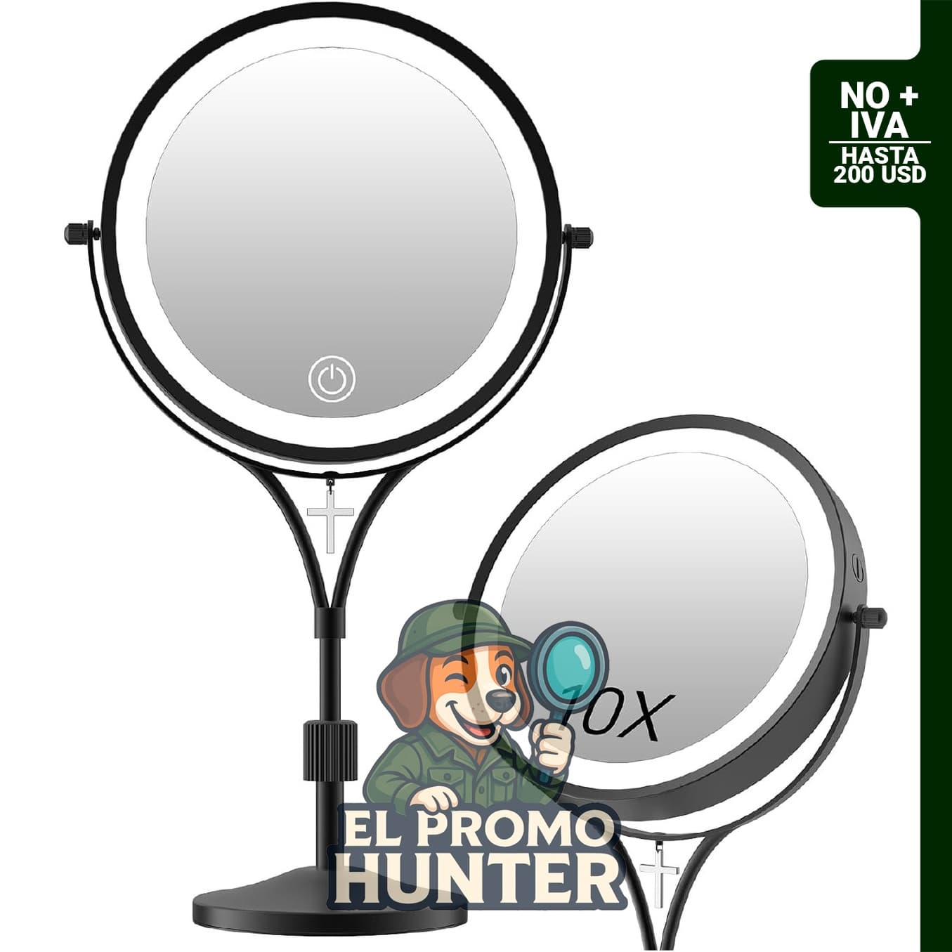 Espejo de maquillaje iluminado de 7" (18 cm) con aumento 1X/10X, negro, con luz regulable y altura ajustable.