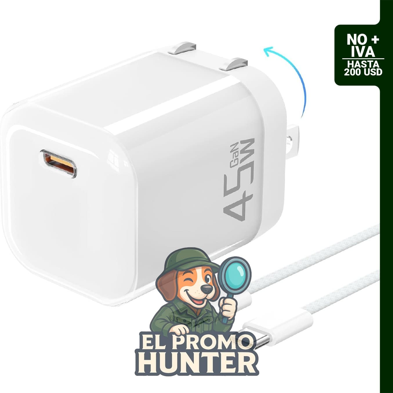 Cargador USB C de 45 W con cable de 1 m, plegable y compatible con dispositivos como iPhone, MacBook y Samsung Galaxy.