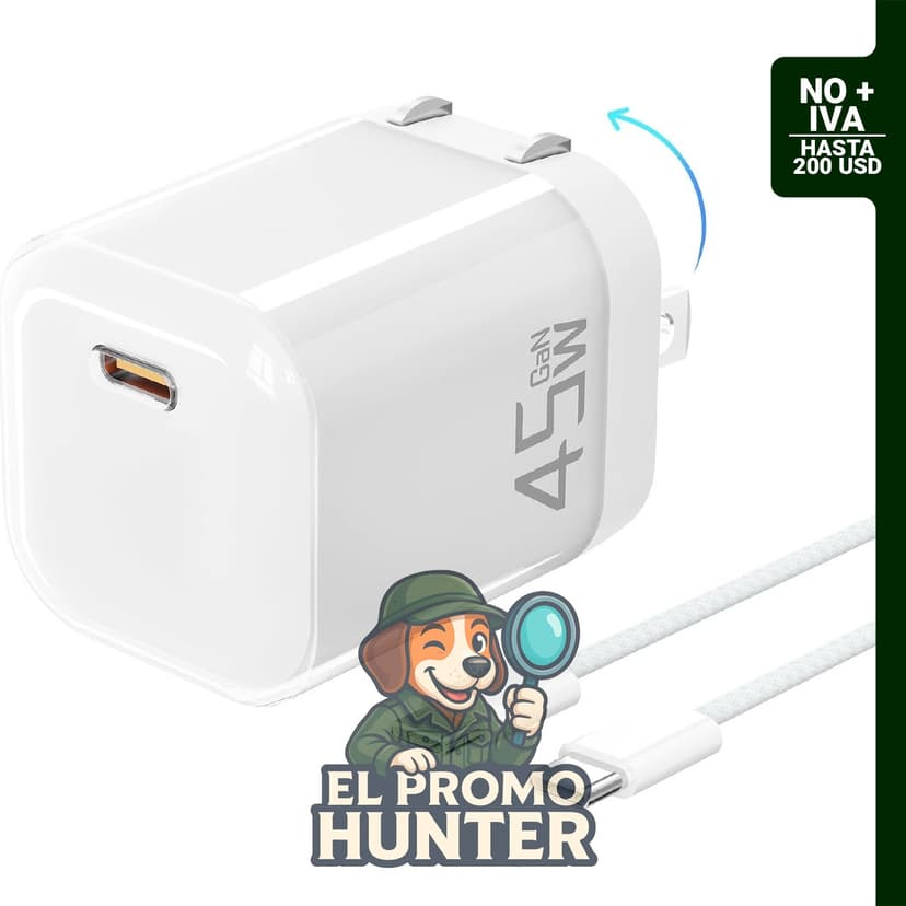 Cargador USB C de 45 W con cable de 1 m, plegable y compatible con dispositivos como iPhone, MacBook y Samsung Galaxy.