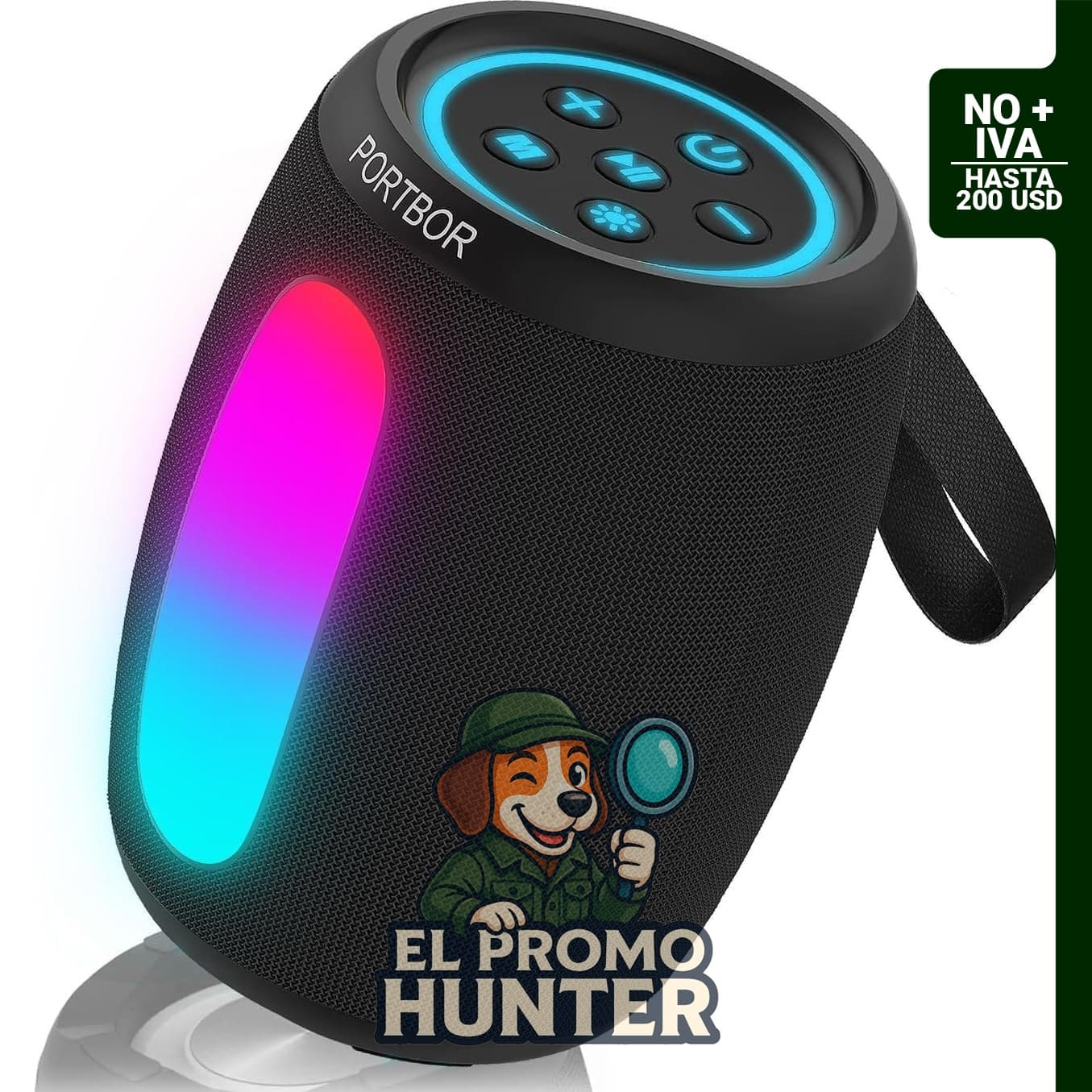 Altavoz Bluetooth portátil con sonido estéreo, 8 modos de luz, IPX5 impermeable y tiempo de reproducción de 36 horas.