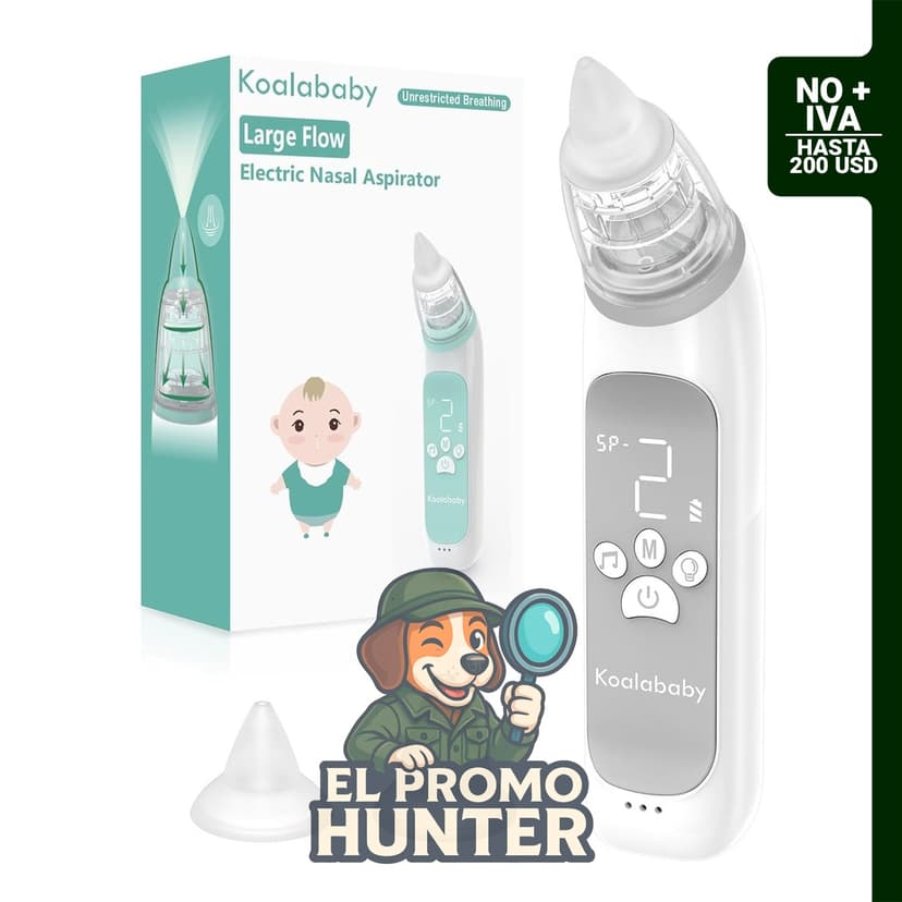 Aspirador nasal eléctrico Koalababy con 3 niveles de succión ajustables, recargable y puntas de silicona suave.