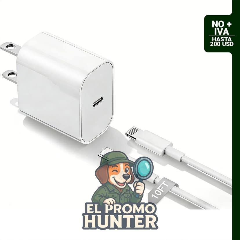 Cargador rápido de 10 pies con bloque de cargador tipo C y cable USB C a Lightning para dispositivos Apple.