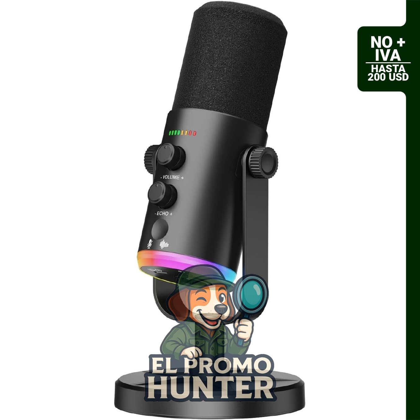Micrófono dinámico USB-C/XLR con retroiluminación RGB y soporte.
