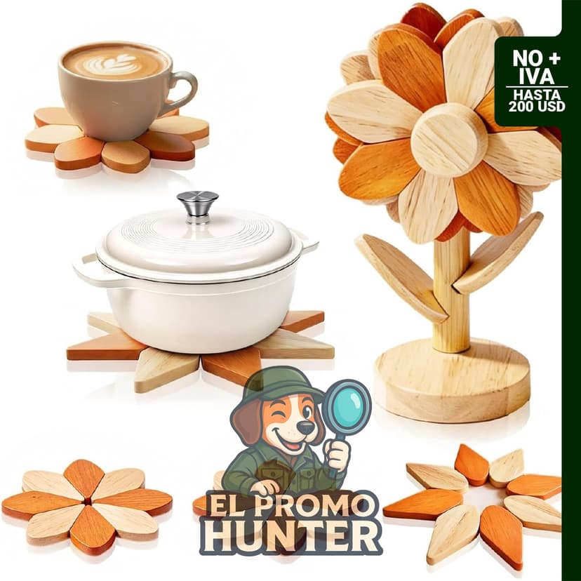 Set de 5 salvamanteles de madera plegables tipo girasol.