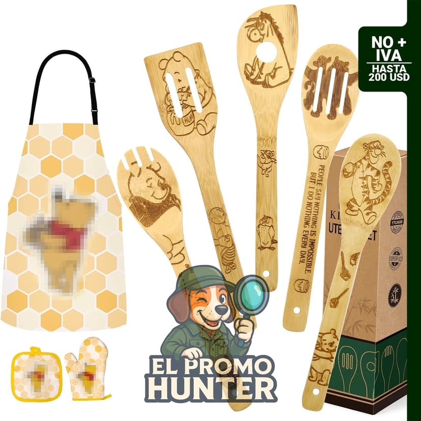 Set de cocina de bambú que incluye delantal y guantes.