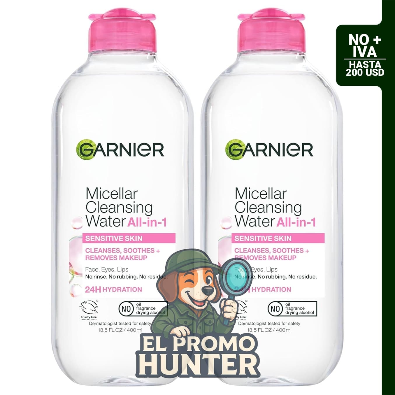 Agua micelar Garnier para piel sensible, 400 ml x2.