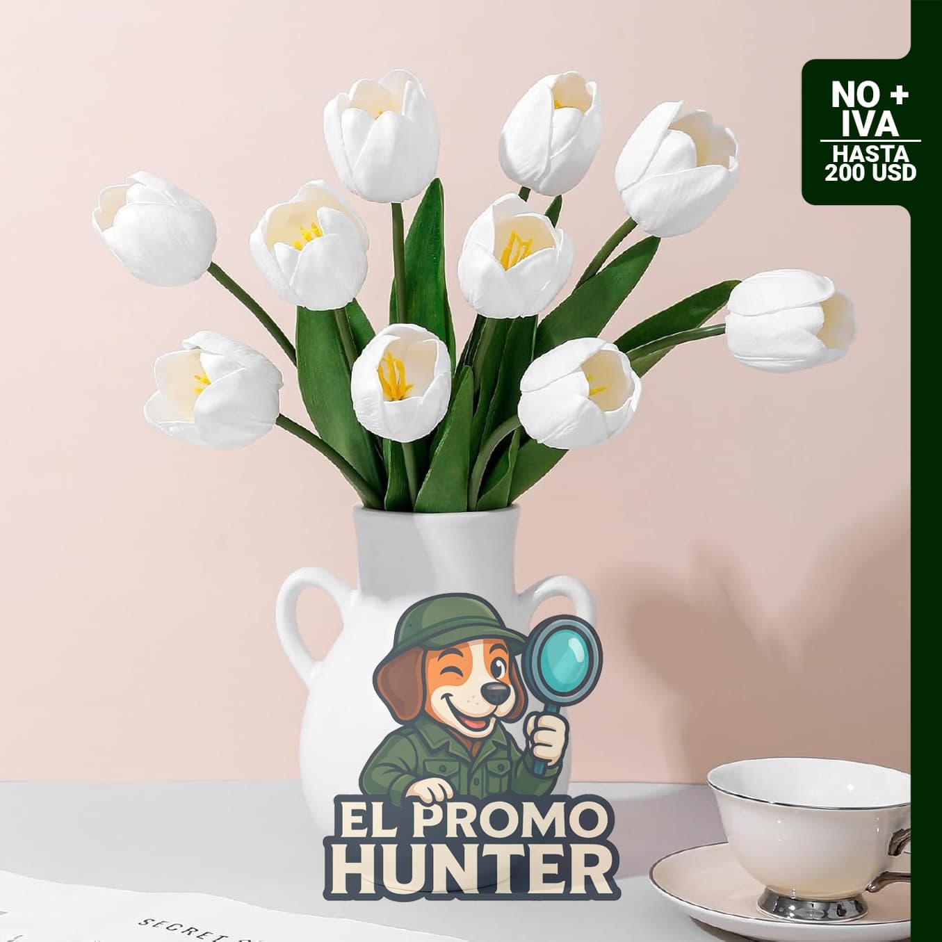Set de 10 tulipanes artificiales blancos de 47 cm.