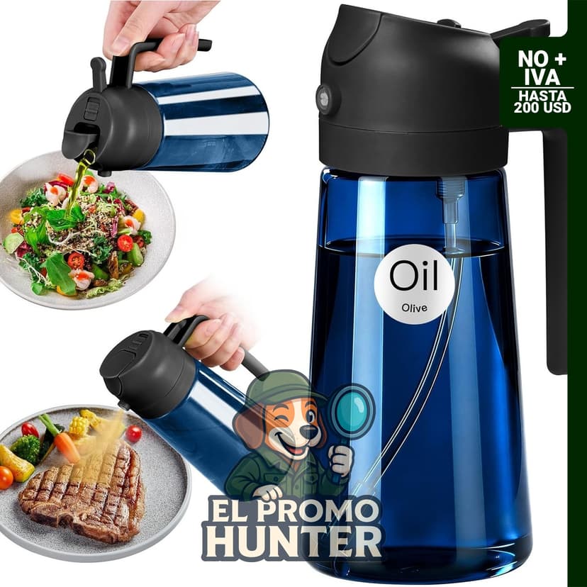 Pulverizador de aceite de vidrio azul de 16 fl oz (473 ml) con bloqueo de luz, dispensador 2 en 1.
