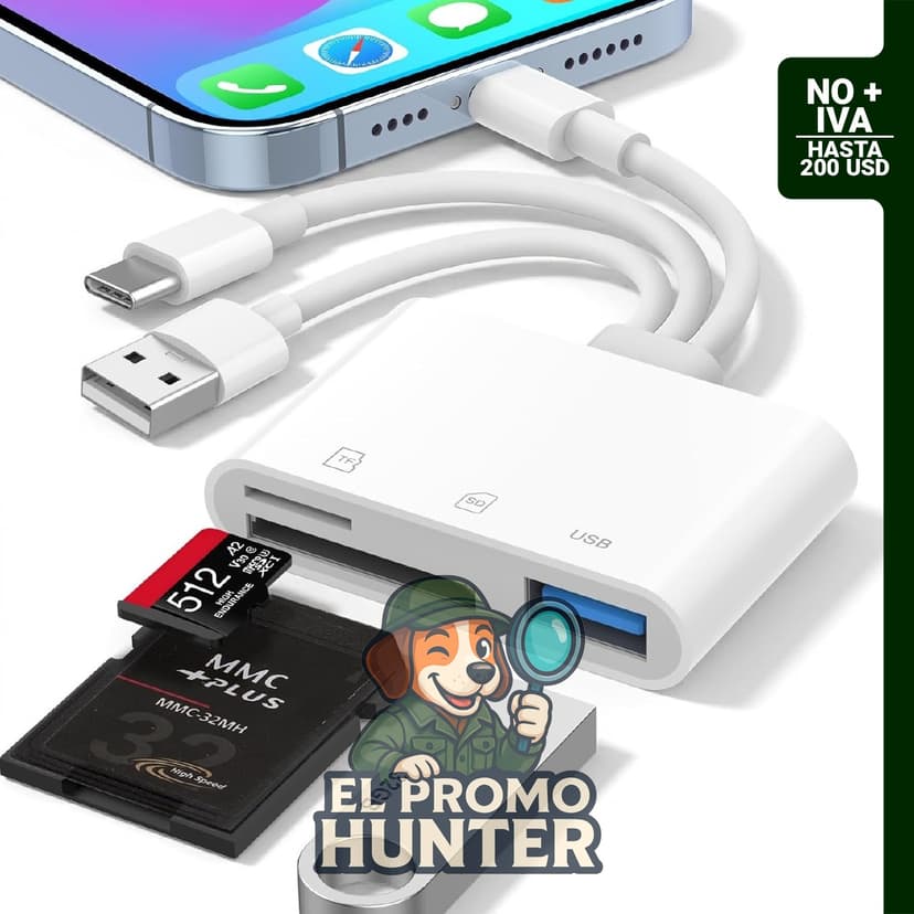 Lector de tarjetas SD 3 en 1 para iPhone, iPad y Mac, con adaptador Lightning, USB-C y USB-A.