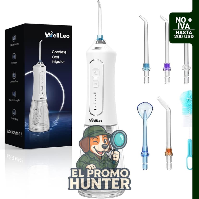 Irrigador bucal inalámbrico WellLeo de 300 ml, recargable, con 5 modos y 5 puntas de chorro, resistente al agua IPX7.