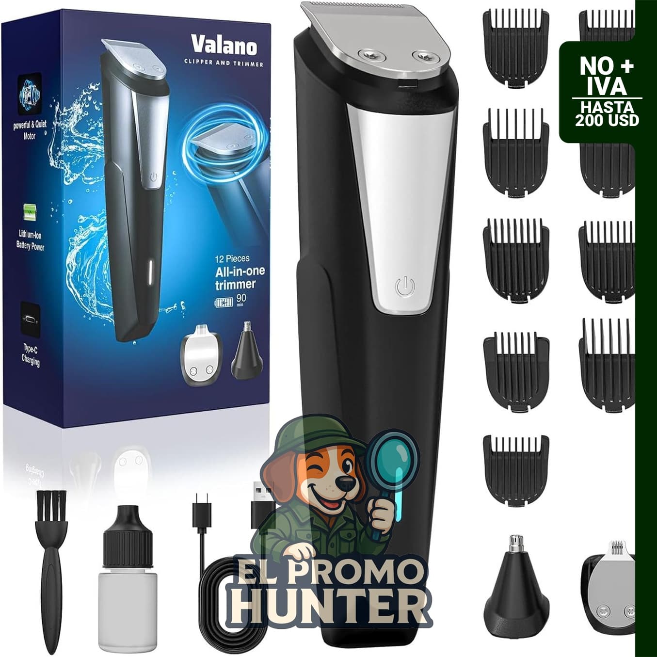 Cortadora de barba Valano, cuchillas eléctricas autoafilables, incluye kit de aseo para bigote.