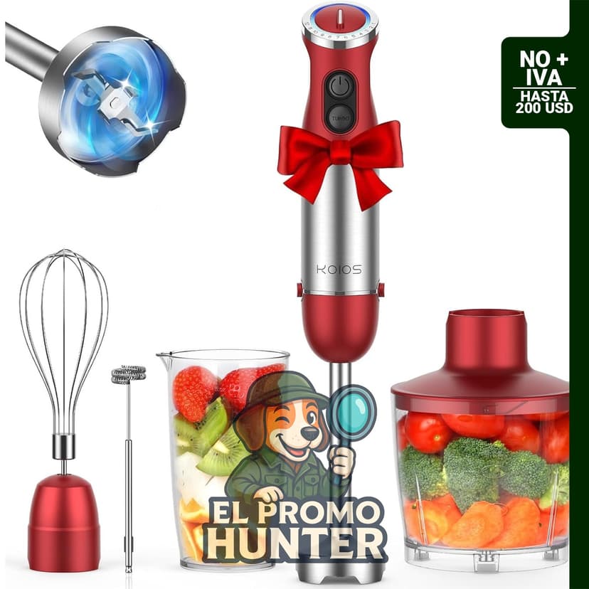 Licuadora de inmersión KOIOS 5 en 1, 1000 W, 12 velocidades, motor de cobre, hoja de acero inoxidable, vaso de mezcla de 600 ml, procesador de alimentos de 500 ml.