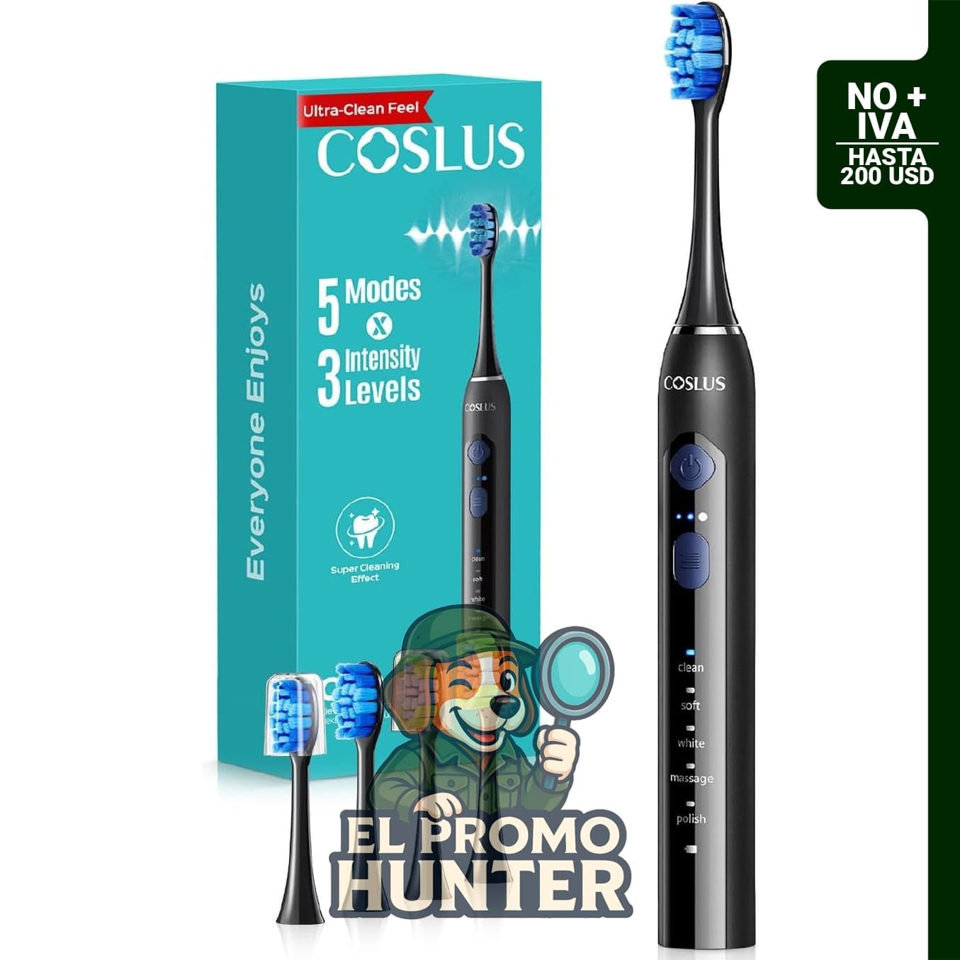 Cepillo de dientes eléctrico COSLUS C30, con 3 intensidades y 5 modos, incluye cabezales suaves y medios.