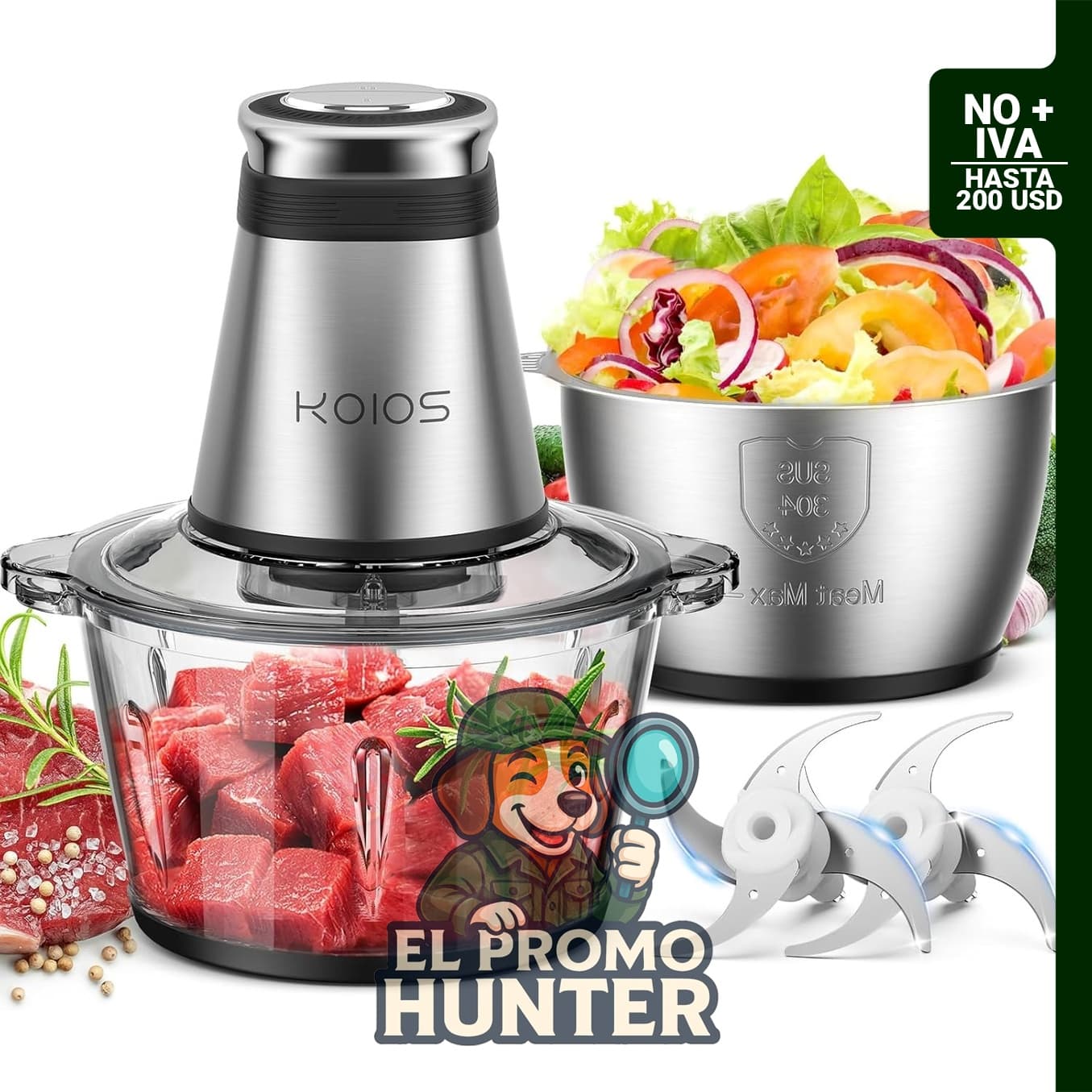 Procesador de alimentos KOIOS de 500 W, incluye 2 cuencos de 8 tazas y 2 cuchillas de dos niveles.