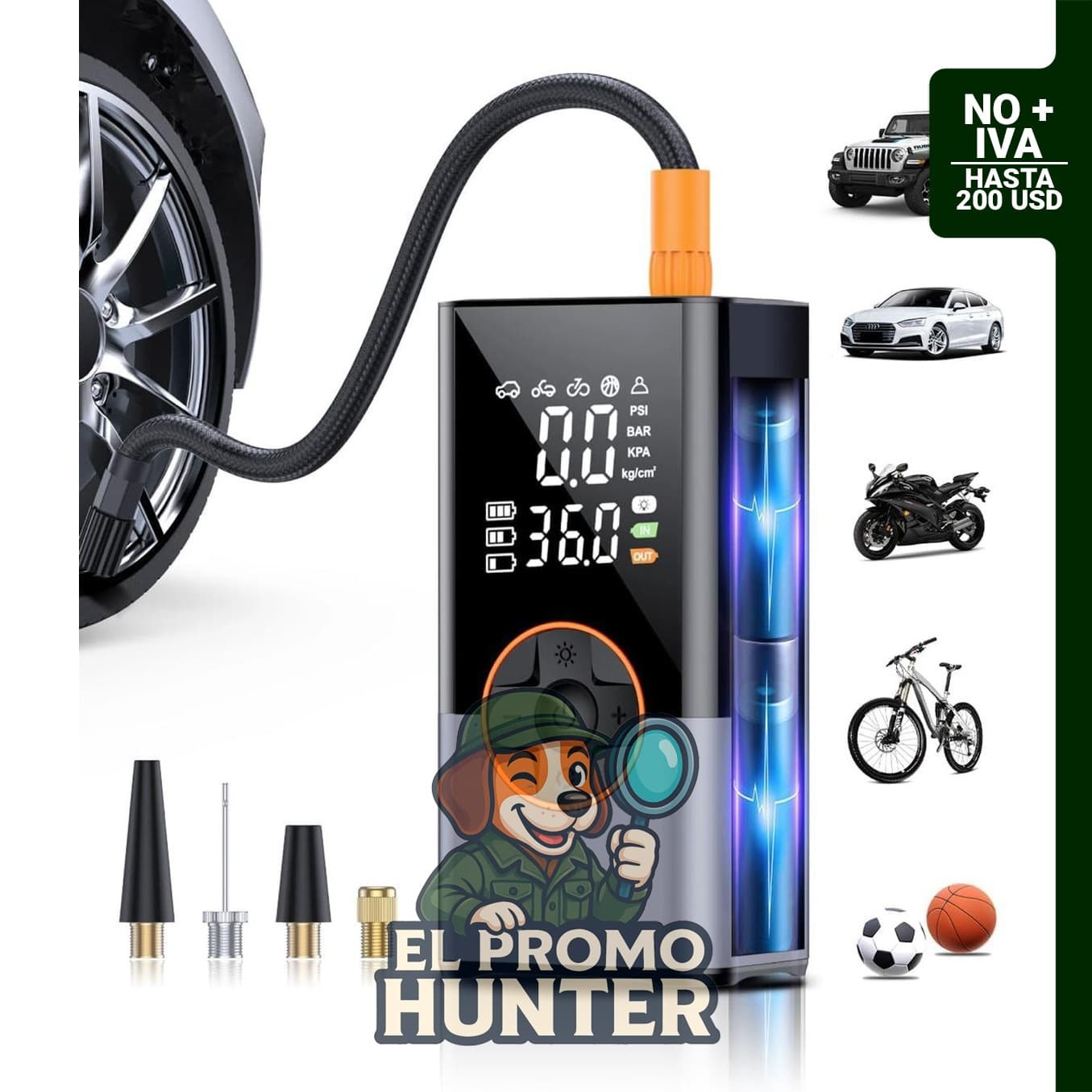 Inflador de neumáticos portátil, compresor de aire inalámbrico con luz LED para automóvil, bicicleta y motocicleta.