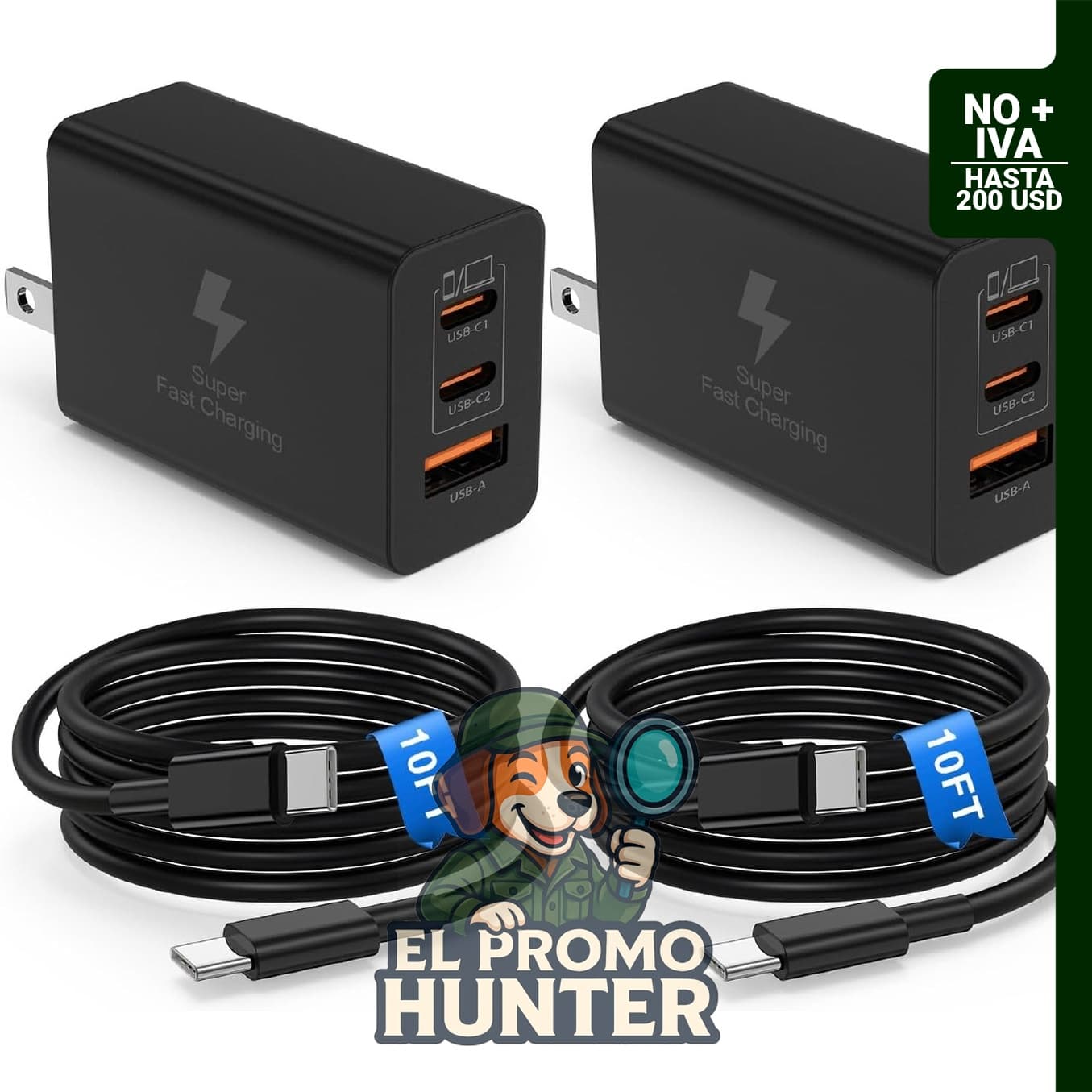 Estación de carga USB C de 65 W, incluye cable tipo C a C de 3 m.