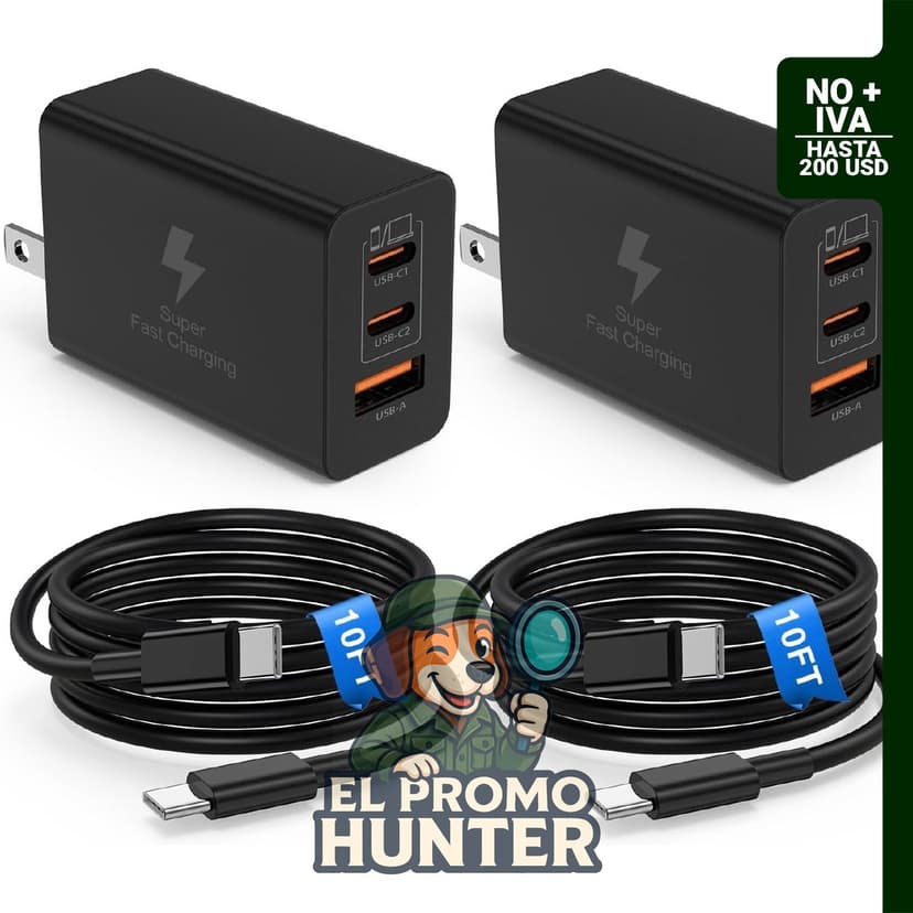 Estación de carga USB C de 65 W, incluye cable tipo C a C de 3 m.