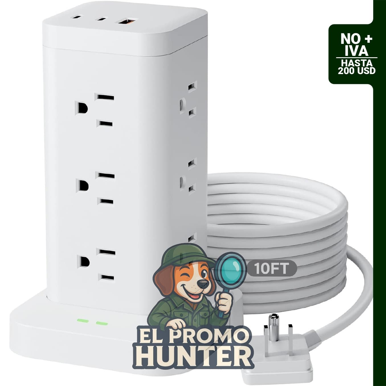 Regleta de alimentación con 12 tomas de CA y 4 puertos USB-C PD20W, incluye cable de extensión de 3 m.