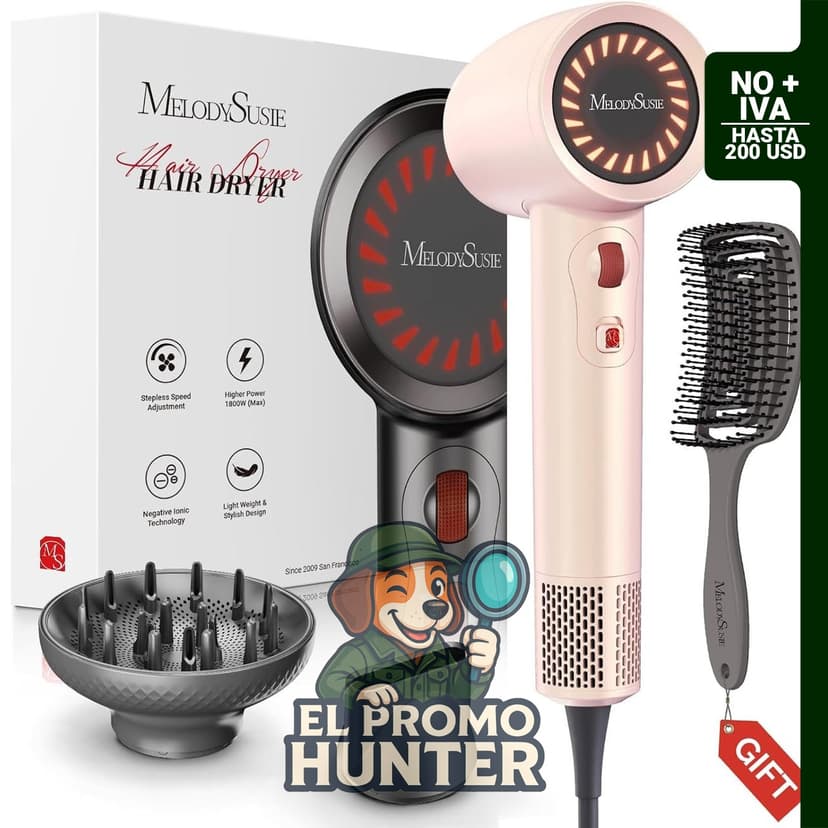 Secador de pelo iónico de 1600 W con difusor y boquilla, 120,000 rpm, color rosa claro.