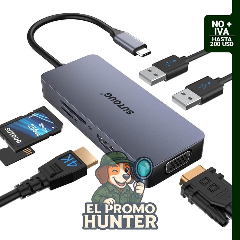 Adaptador USB C 6 en 1 con HDMI 4K, puertos VGA, 2 USB 2.0 y lector de tarjetas SD/TF.
