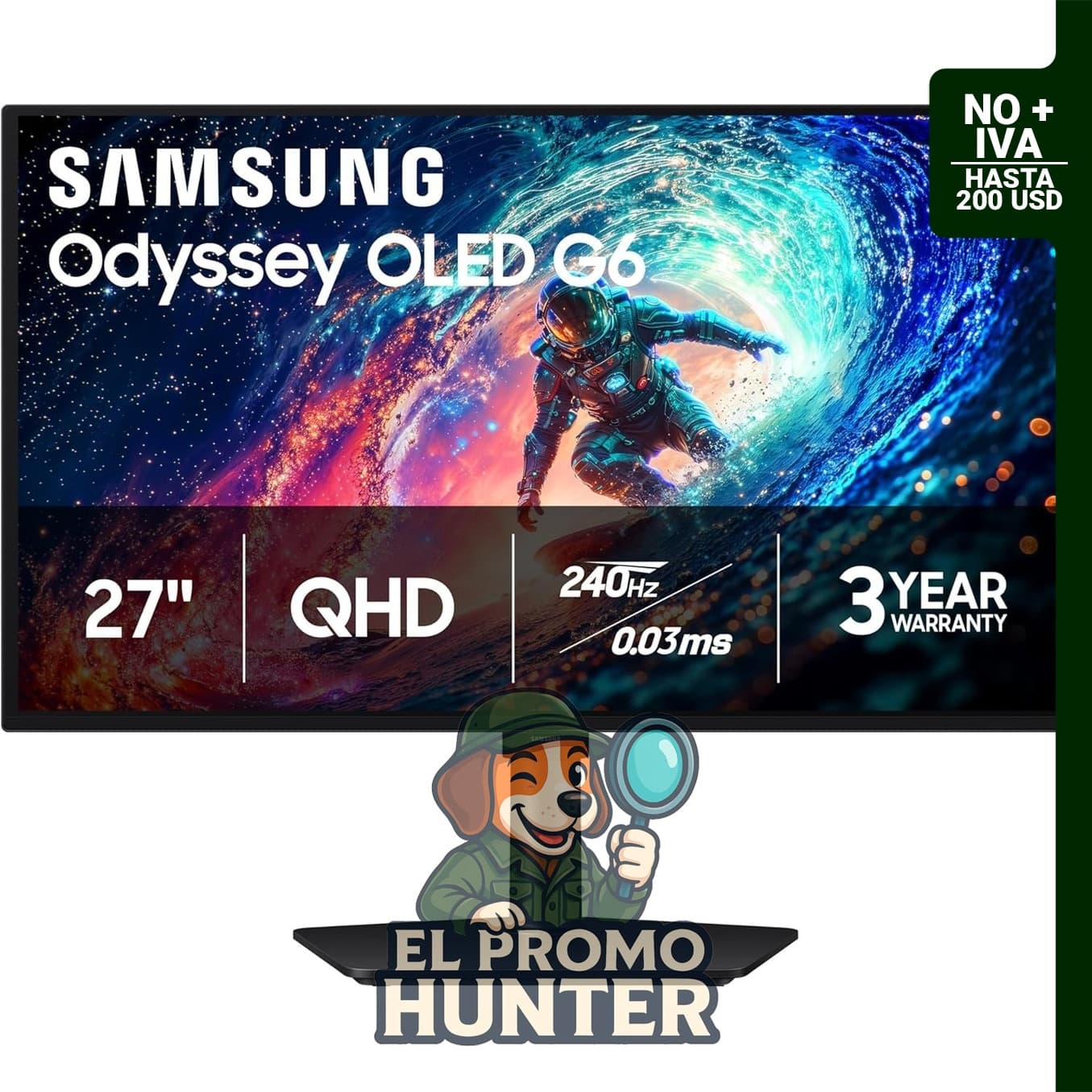 Monitor Samsung Odyssey OLED G6 (G61SH) QD-OLED de 27" (68.58 cm) con resolución QHD (1440P), 240Hz y 0.03ms de tiempo de respuesta.