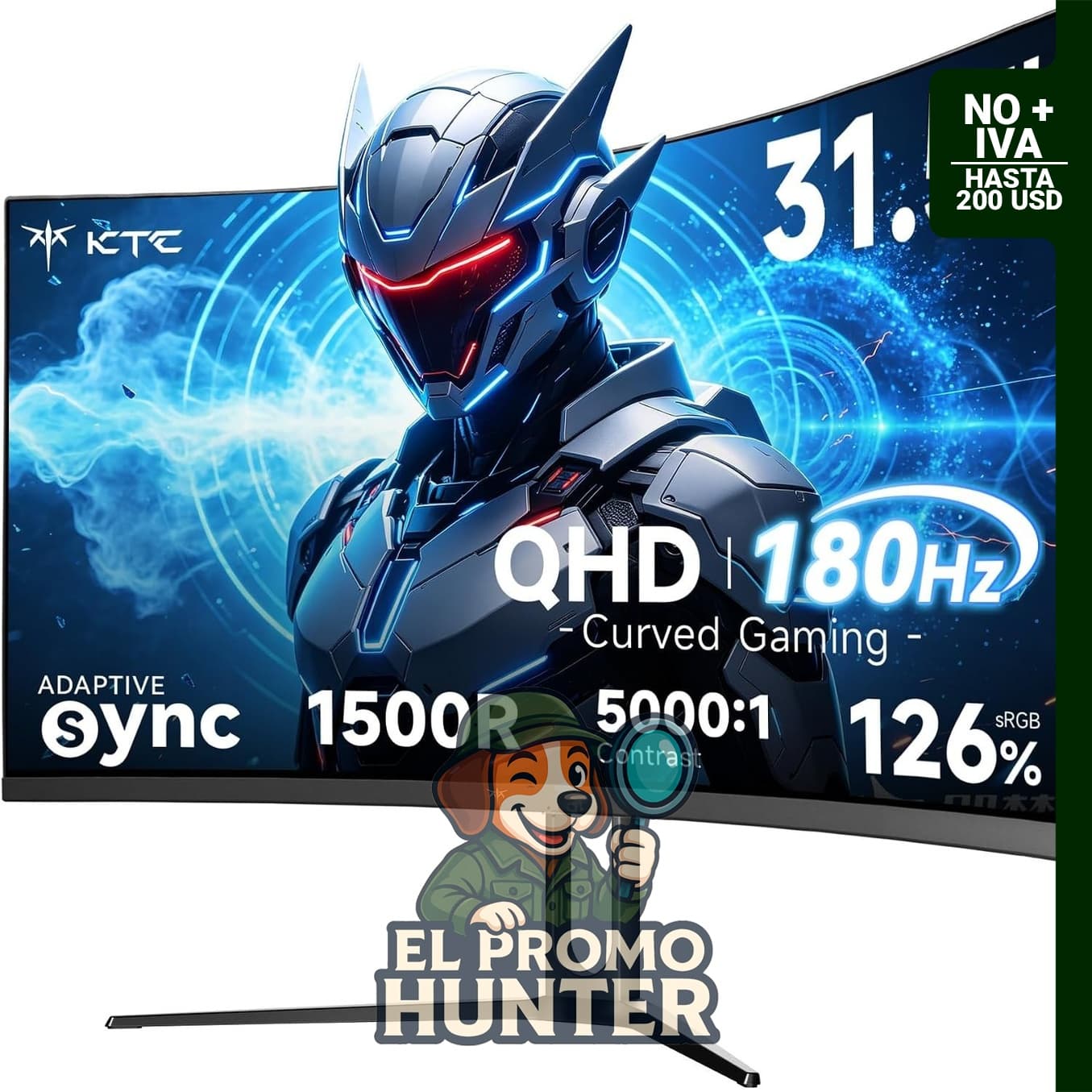 Monitor curvo KTC de 32" (81 cm) QHD 2560x1440, 180Hz, 1ms, con sincronización adaptativa y puertos HDMI y DisplayPort.