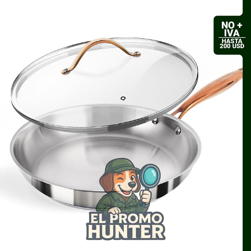 Sartén de acero inoxidable de tres capas de 30.5 cm con tapa, apta para todas las estufas y horno.