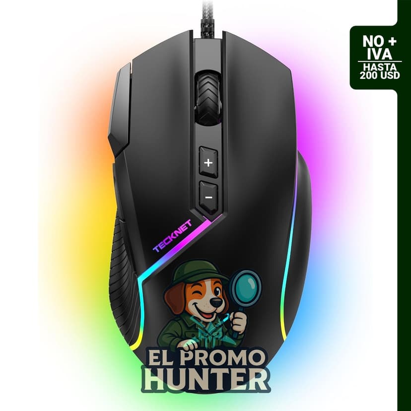 Ratón óptico TECKNET con cable, 12800 DPI, 8 botones, retroiluminación RGB.