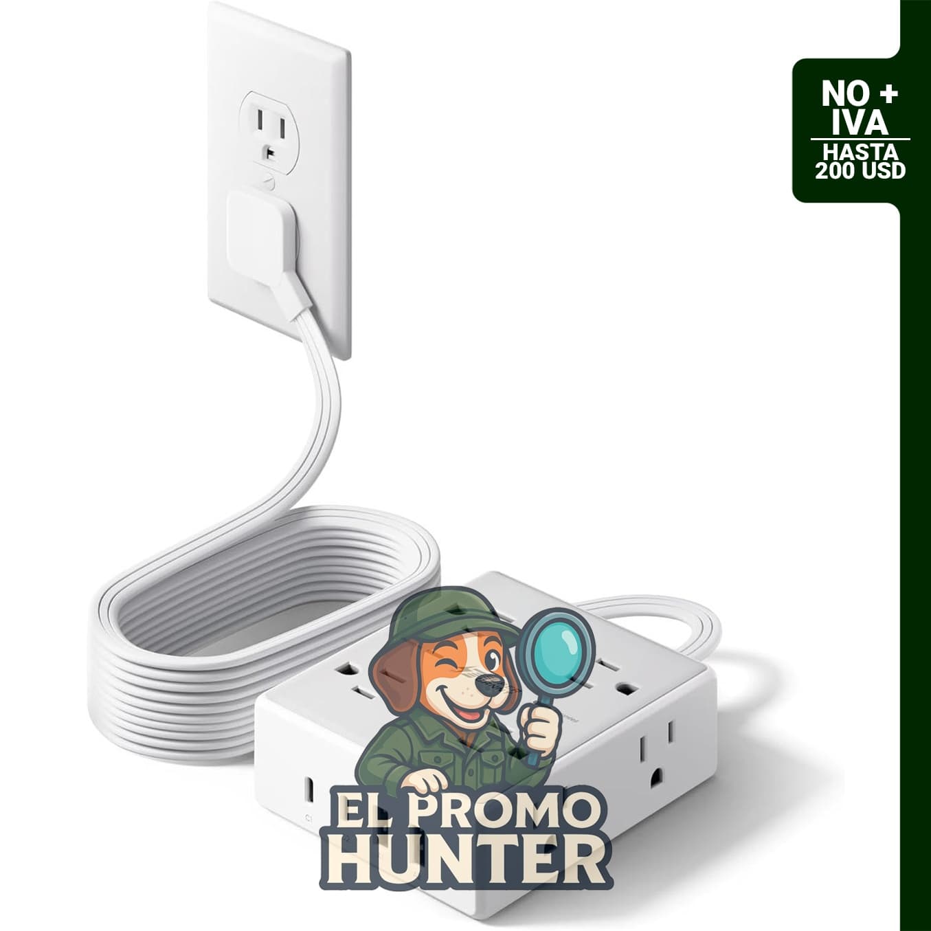 Cable de extensión de 3 m con 8 salidas AC y 4 puertos USB (2 USB C), protector de sobretensiones de 1050J.