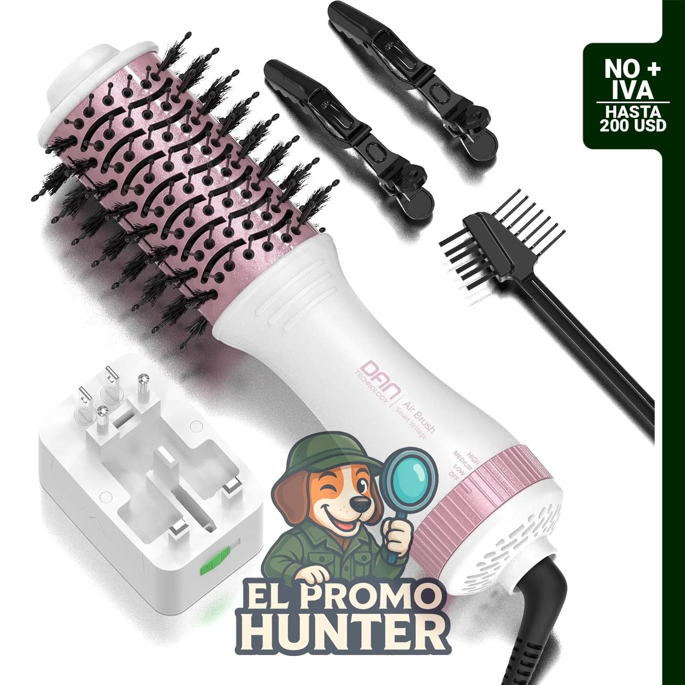 Cepillo secador de pelo de doble voltaje (100 V-240 V) con adaptador de enchufe multifunción.