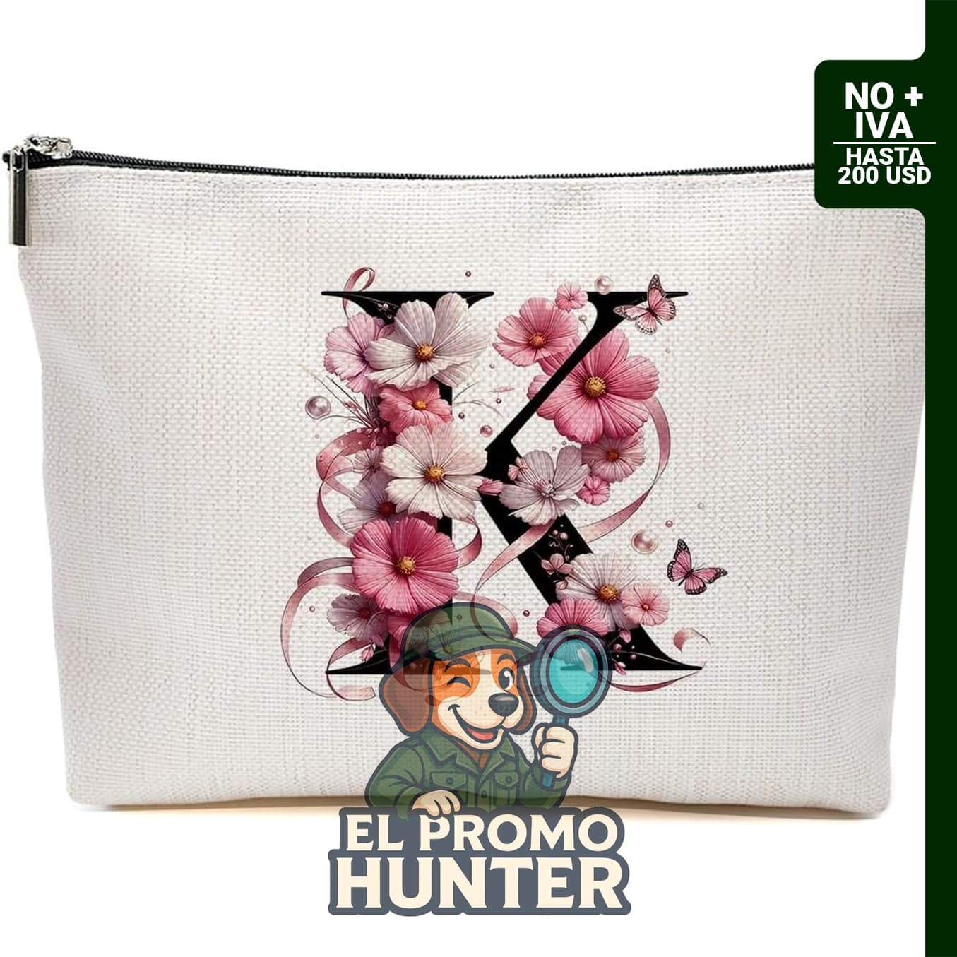 Bolsa de maquillaje con iniciales y diseño de flores rosas, incluye cremallera.