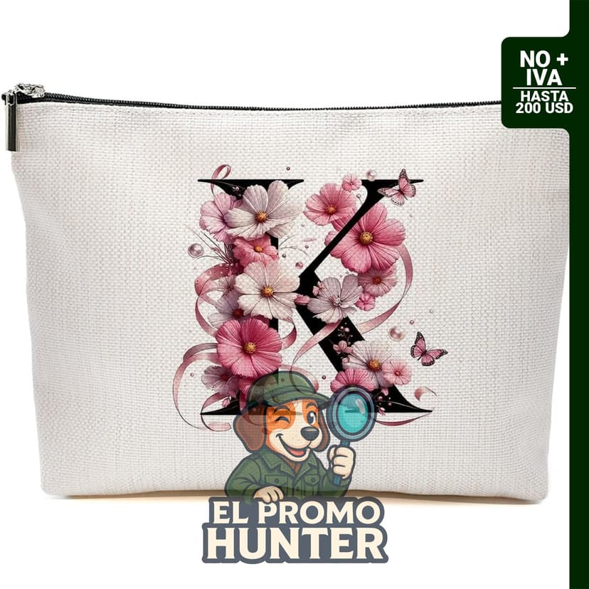 Bolsa de maquillaje con iniciales y diseño de flores rosas, incluye cremallera.