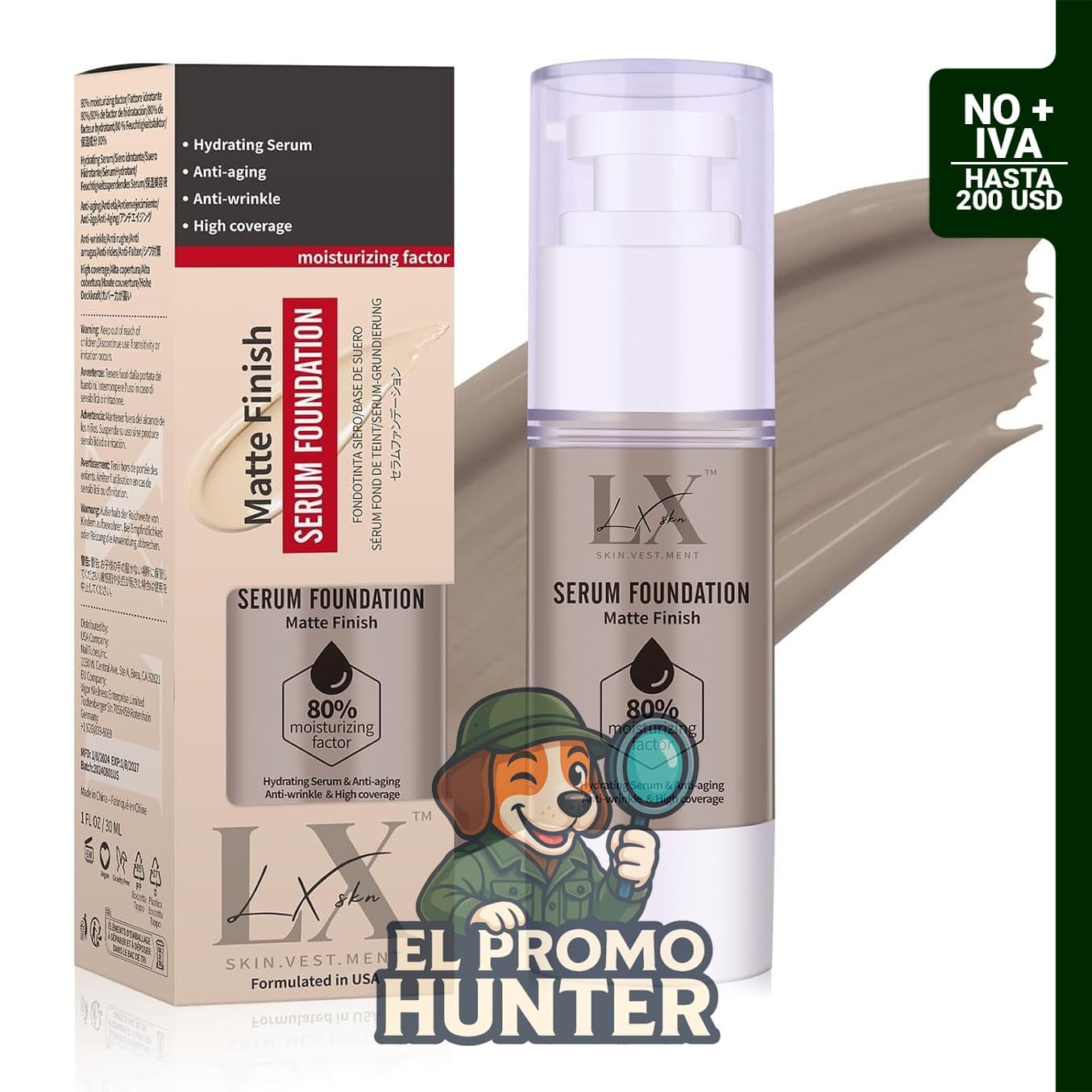 Base hidratante LXSKN con 1% de ácido hialurónico, acabado suave y satinado, tono 405 profundo.
