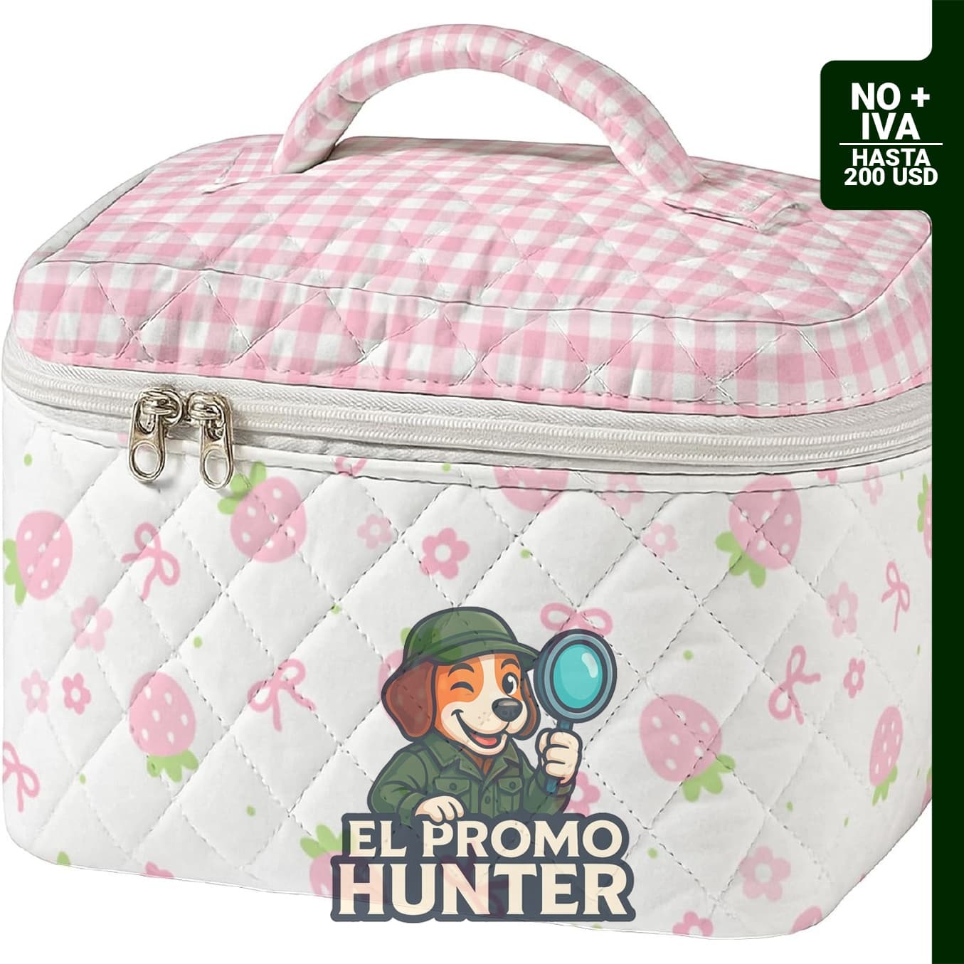 Bolsa de maquillaje acolchada grande para mujer, organizador de cosméticos con asa y lazo de fresa.