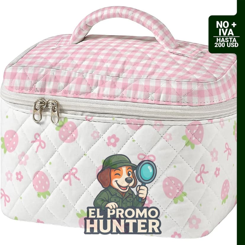 Bolsa de maquillaje acolchada grande para mujer, organizador de cosméticos con asa y lazo de fresa.