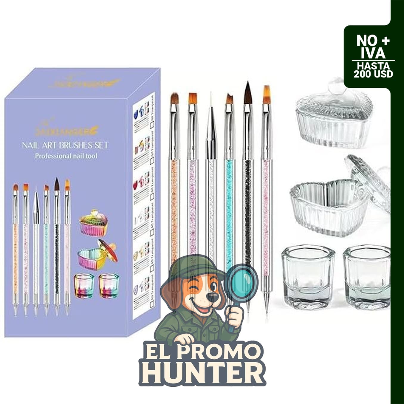 Juego de pinceles para arte de uñas con 6 pinceles de doble punta y 4 platos de vidrio transparente.