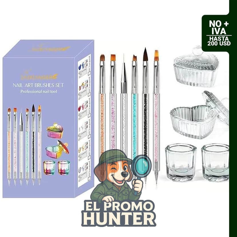 Juego de pinceles para arte de uñas con 6 pinceles de doble punta y 4 platos de vidrio transparente.