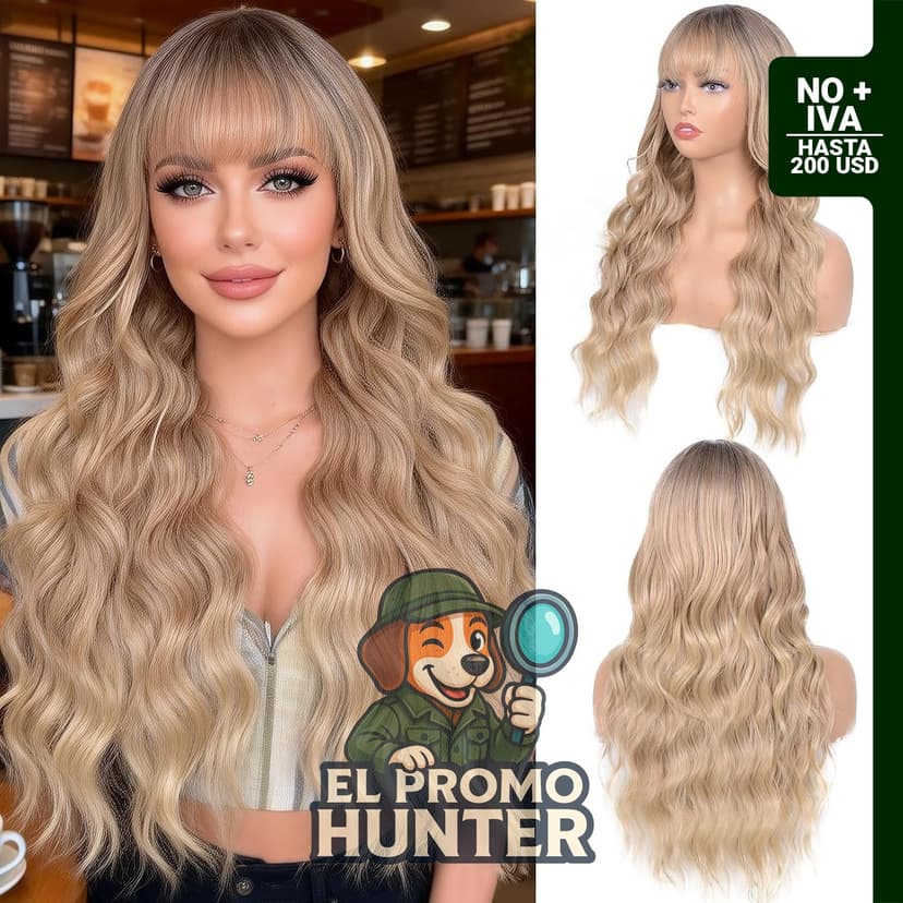 Peluca rubia sintética con flequillo, larga y con ondas, resistente al calor.